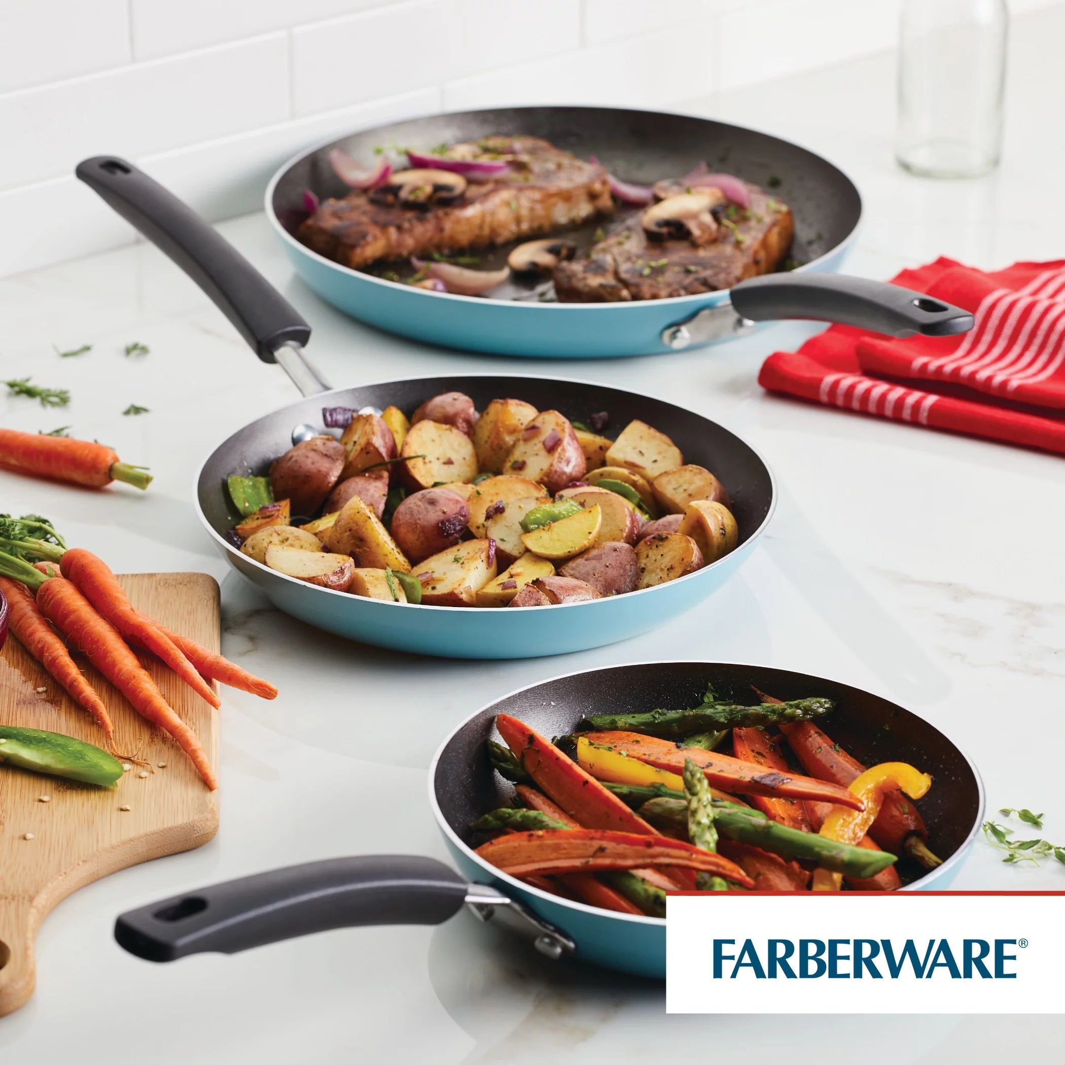 3 Piece Nonstick Frying Pan Set, Aluminum, Aqua X8574