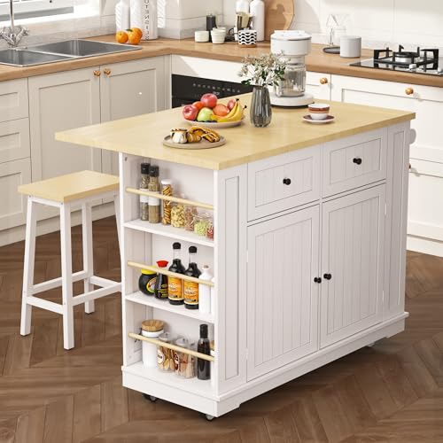 Rolling Kitchen Island Cart with Drop Leaf, Power Outlet, and 5 Open Shelves L877625