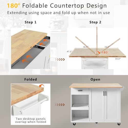 Large Kitchen Island with Drop Leaf, Rolling Cart, Power Outlet and Storage A3211