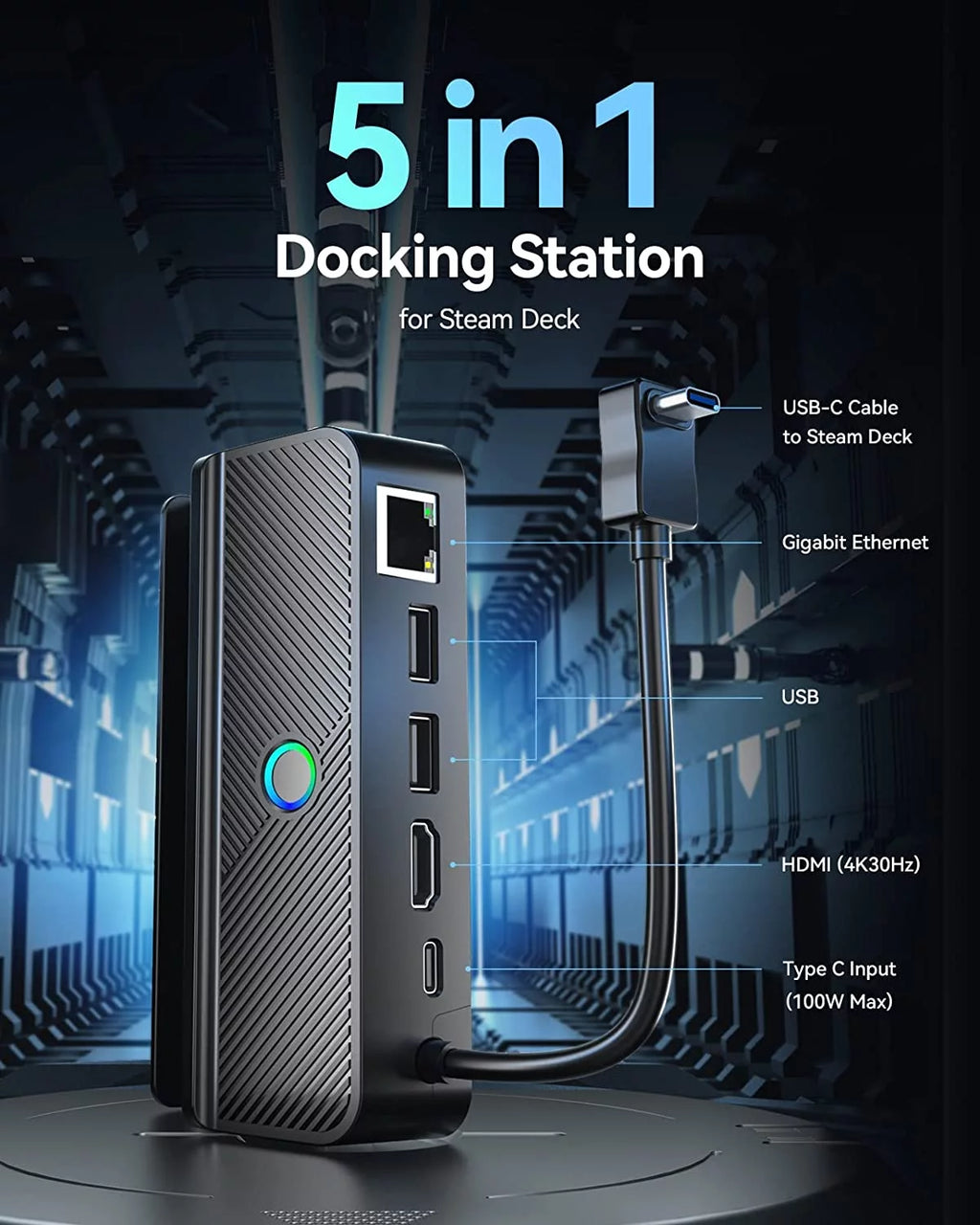 Steam Deck Dock with LED Light, 5-in-1, Gigabit Ethernet, HD 2.0, 2 USB-A, 100W Charging Port G93813