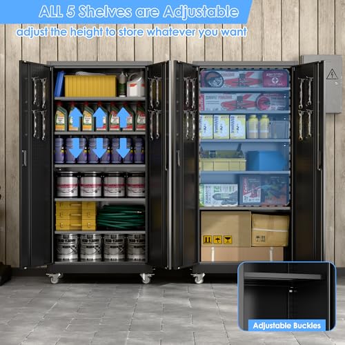 Garage Storage Cabinet with Wheels, 72" H, 2 Doors, 4 Adjustable Shelves, Black R4307