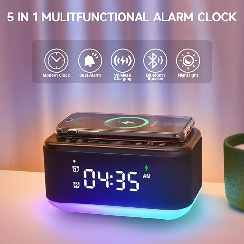 Wireless Charging Alarm Clock Speaker with Bluetooth, Dimmable Night Light K3994