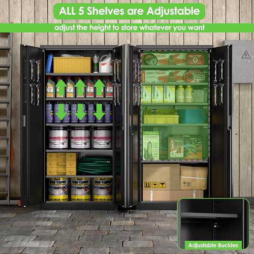 Garage Storage Cabinet with Wheels, 72" H, 2 Doors, 4 Adjustable Shelves, Black R4307