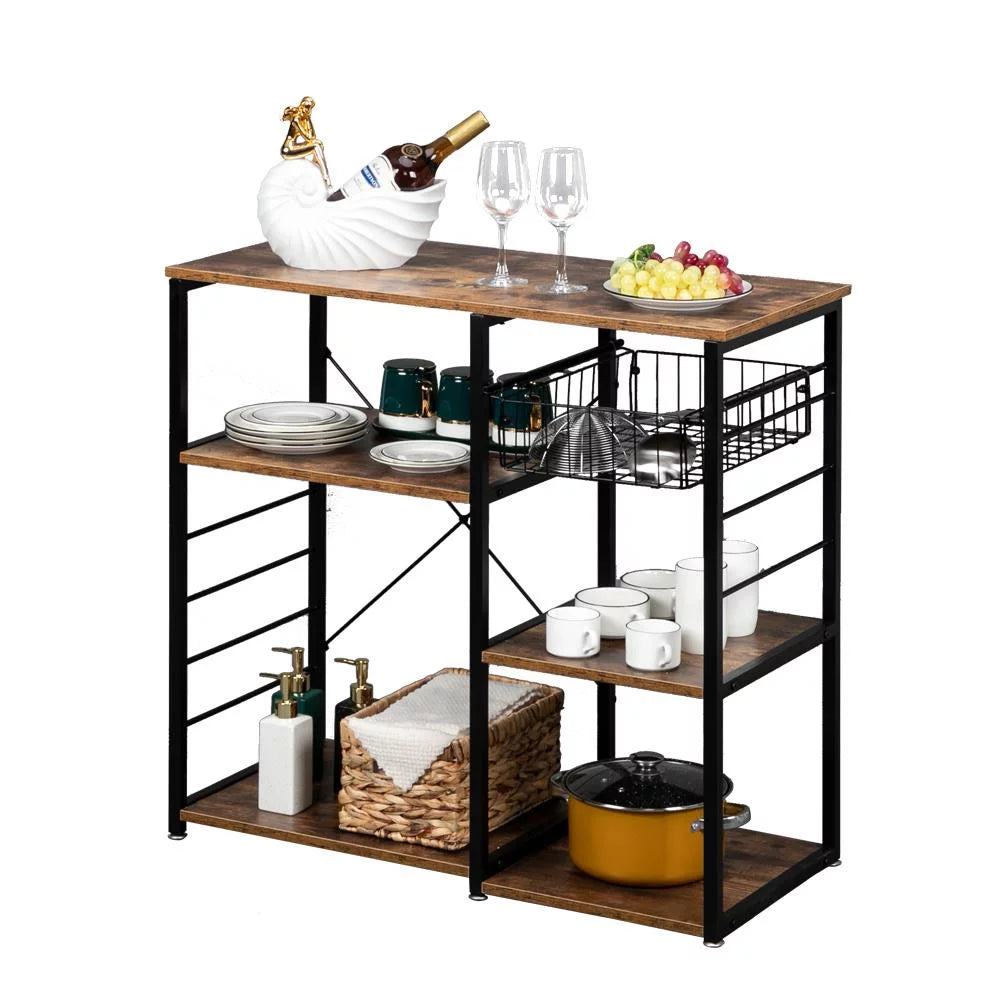 Vintage Kitchen Baker's Rack Microwave Stand Coffee Bar Table with Storage Shelf, Basket and Hooks, Rustic Brown A756397