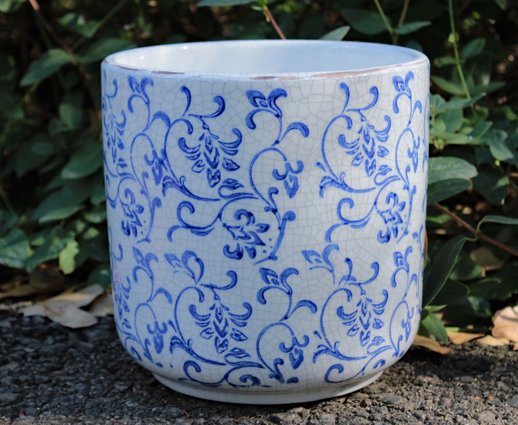 Blue and white ceramic cylindrical garden planter with vine pattern L9580