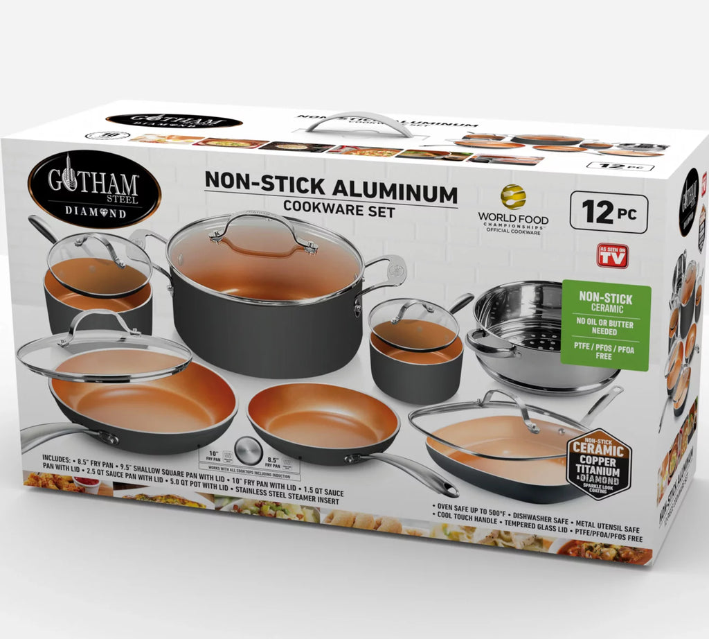 Non-Stick Pots and Pans Set, 12 Piece Kitchen Cookware with Copper Coating D648