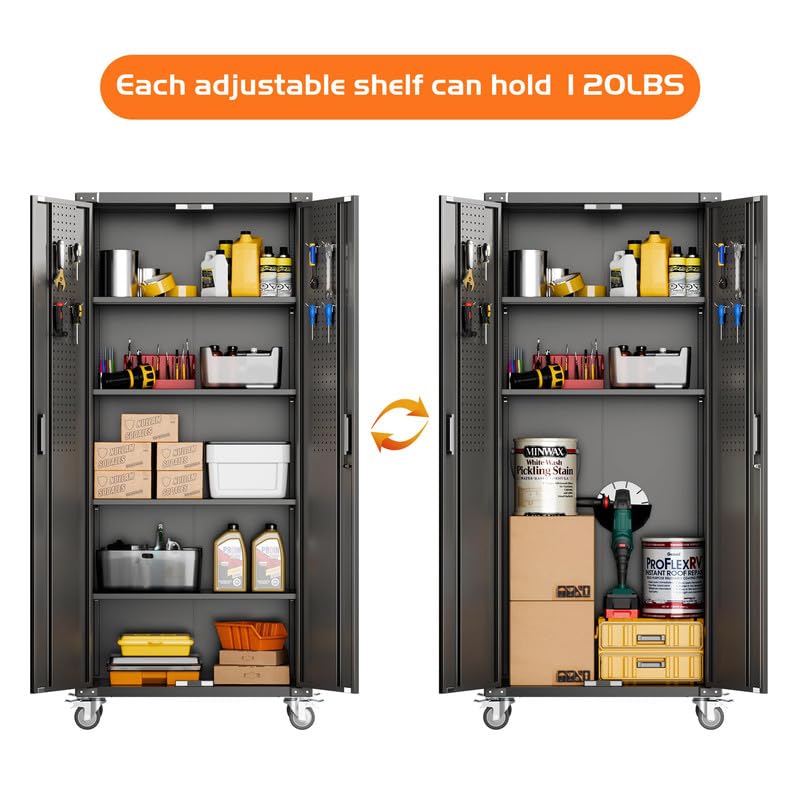 Garage Storage Cabinet with Wheels, 72" H, 2 Doors, 4 Adjustable Shelves, Black R4307