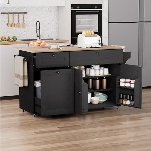 Kitchen Island on Wheels with Storage, Drop Leaf and Power Outlet I19403
