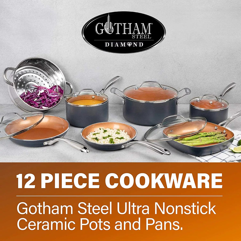 Non-Stick Pots and Pans Set, 12 Piece Kitchen Cookware with Copper Coating D648