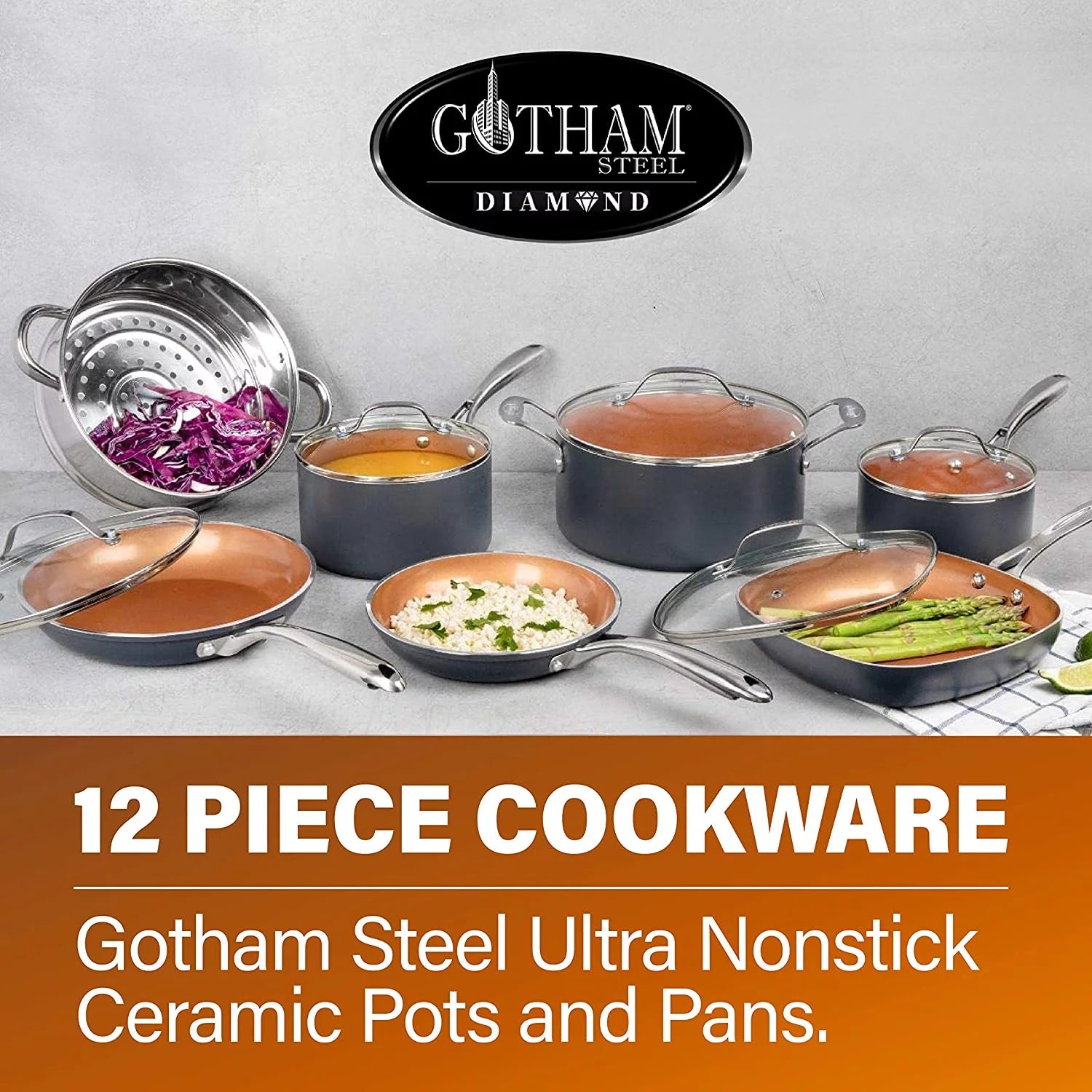 Non-Stick Pots and Pans Set, 12 Piece Kitchen Cookware with Copper Coating D648