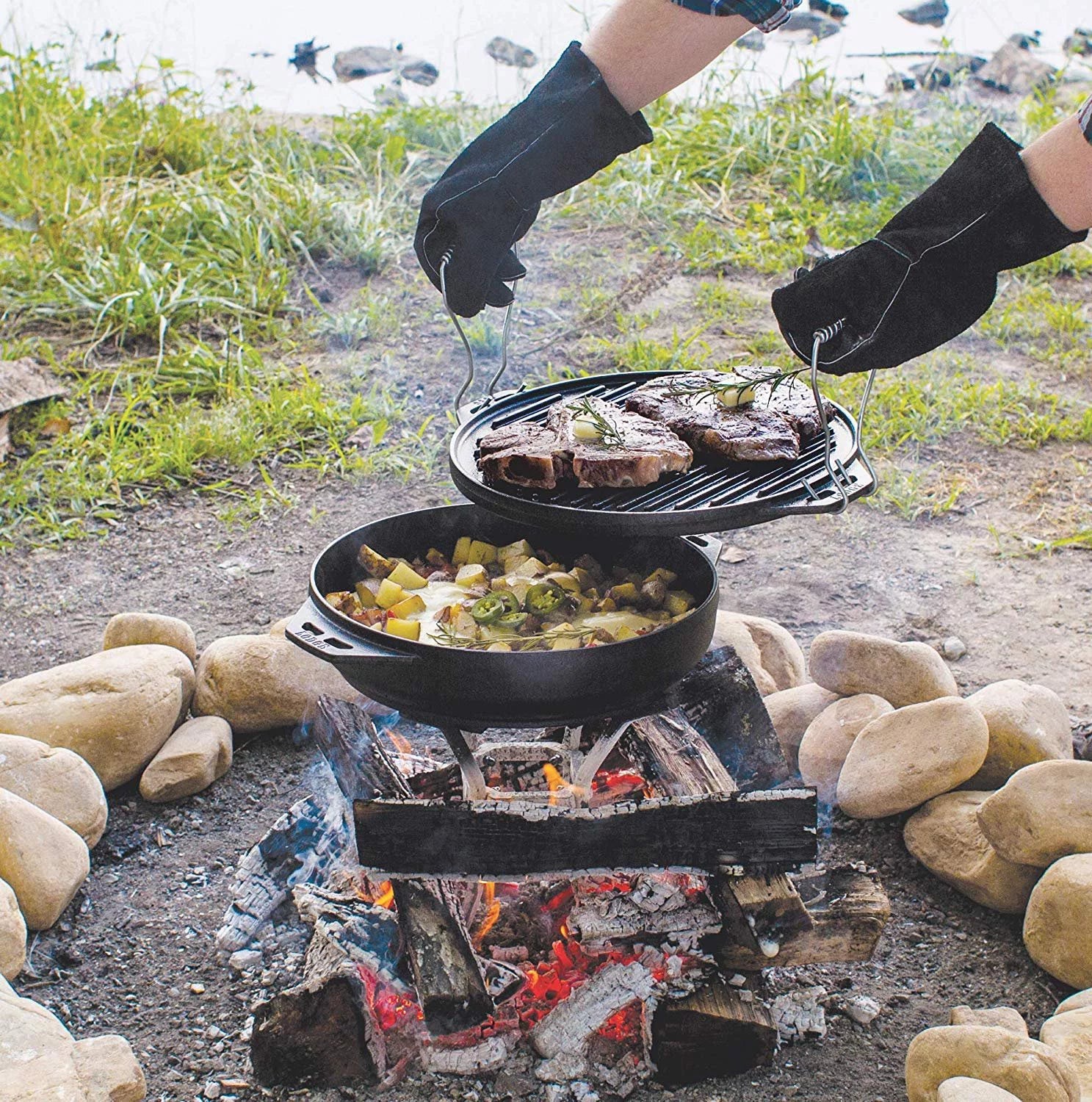 Cast Iron Cookware Set with Reversible Grill Griddle and Wok T654