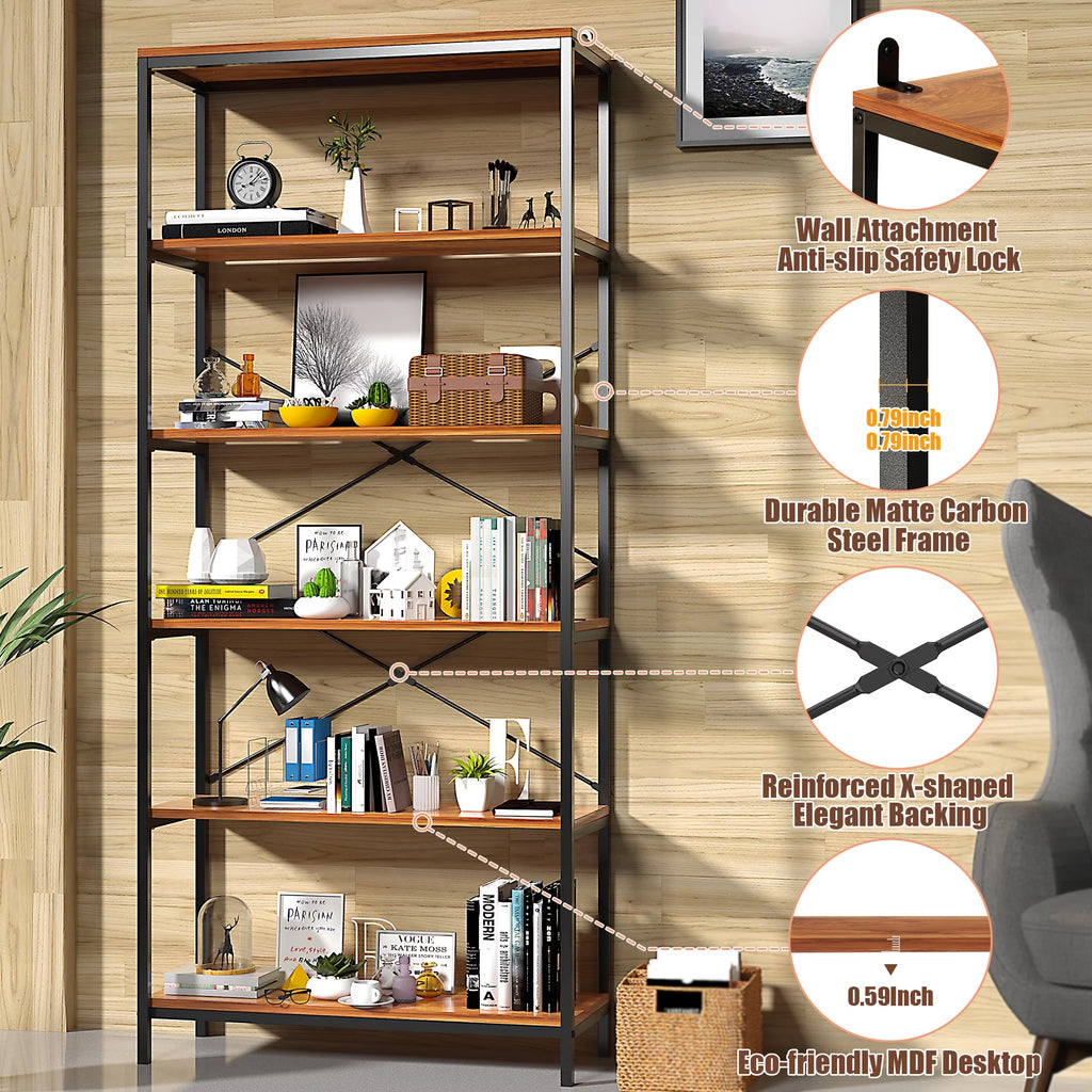 5-Tier Tall Bookcase, Rustic Wood and Metal Open Shelf Unit K172304