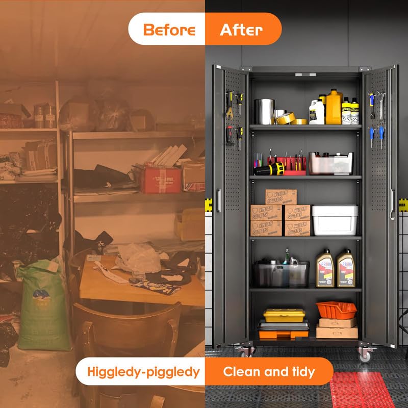 Garage Storage Cabinet with Wheels, 72" H, 2 Doors, 4 Adjustable Shelves, Black R4307