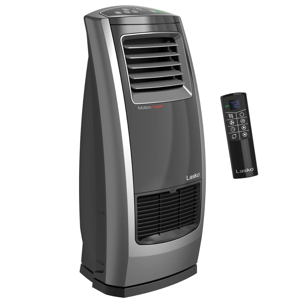 Lasko 22.5" 1500W Motion Heat Plus Ceramic Room Heater with Remote, Black/Silver, CC23185, New