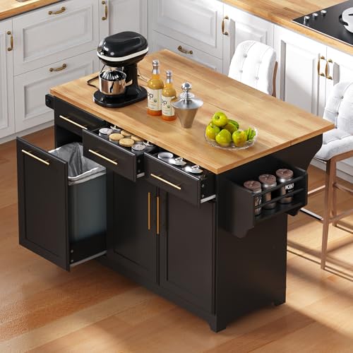 Farmhouse Kitchen Island with Drop Leaf, Barn Door and Power Outlet C3058