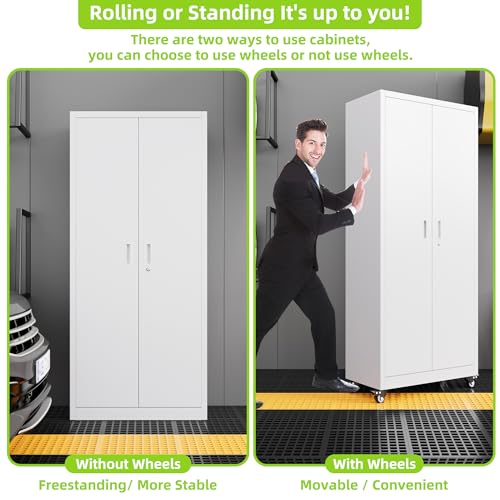 Metal Storage Cabinet with Wheels, 73" H, Locking Doors and Adjustable Shelves A1751