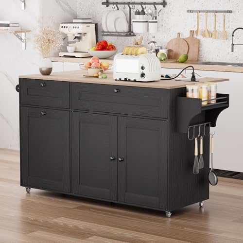 Kitchen Island on Wheels with Storage, Drop Leaf and Power Outlet I19403
