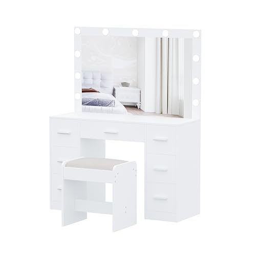 Vanity Desk with Stool, Lighted Mirror, 3 Color Lighting Modes, Dressing Table with Drawers U774924