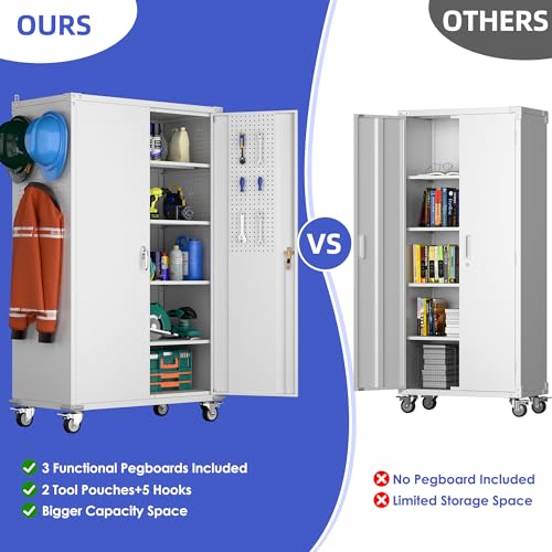 Metal Storage Cabinet with Wheels, 73" H, Locking Doors and Adjustable Shelves A1751