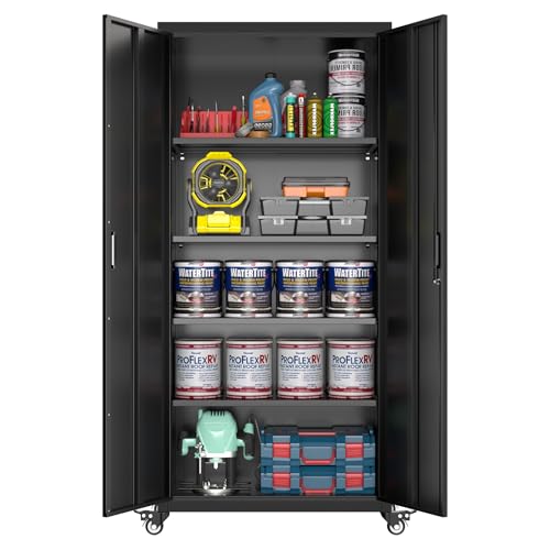 Metal Storage Cabinet with Wheels, 73" H, Locking Doors and Adjustable Shelves A1751