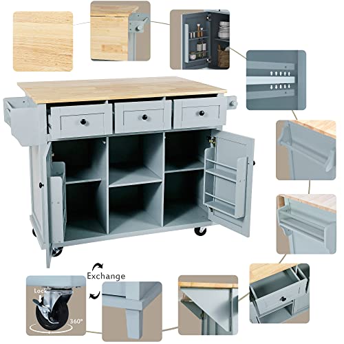 Large Kitchen Island with Drop Leaf, Rolling Cart, Power Outlet and Storage A3211