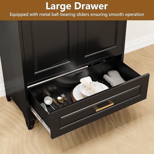 Tall Kitchen Storage Cabinet with Doors and Adjustable Shelves, Black Freestanding Cupboard J20442