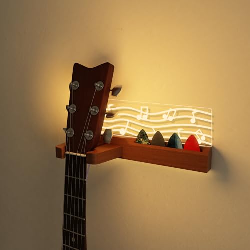 Guitar Wall Mount Stand with LED Lights, Solid Wood & Acrylic, USB-Powered F283