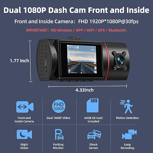 3 Channel Dash Cam Front Rear Inside, 2.5K WiFi, 1440P+1080P, 64GB Card, IR Night Vision P6249