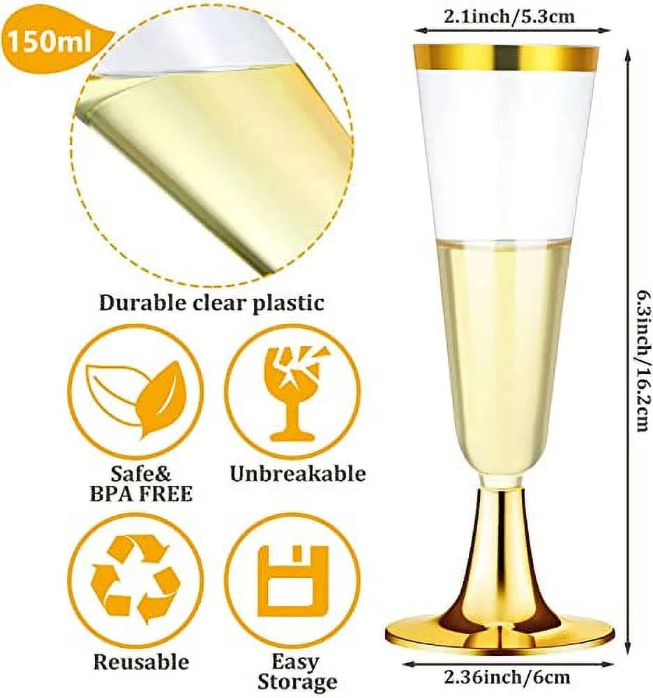 30 Pcs Gold Plastic Champagne Flutes, 150ml Reusable Party Cups F93063