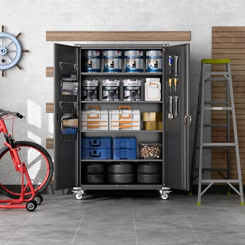 Metal Storage Cabinet with Wheels, 73" H, Locking Doors and Adjustable Shelves A1751