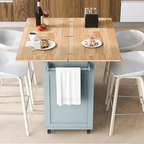 Large Kitchen Island with Drop Leaf, Rolling Cart, Power Outlet and Storage A3211