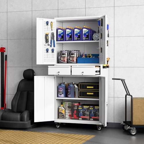 Metal Storage Cabinet with Wheels, 73" H, Locking Doors and Adjustable Shelves A1751