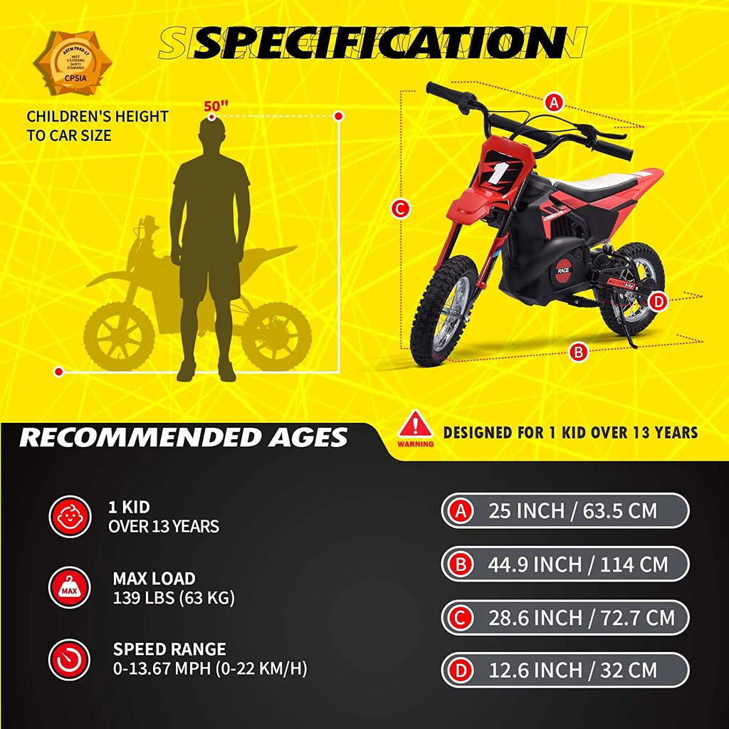 Kids Electric Dirt Bike 250W Off-Road for Ages 13+ D662177