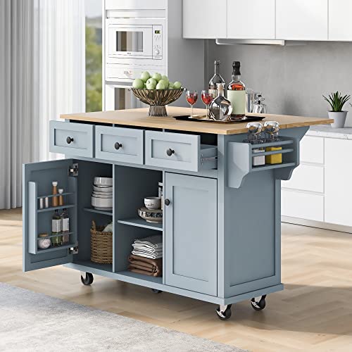 Large Kitchen Island with Drop Leaf, Rolling Cart, Power Outlet and Storage A3211