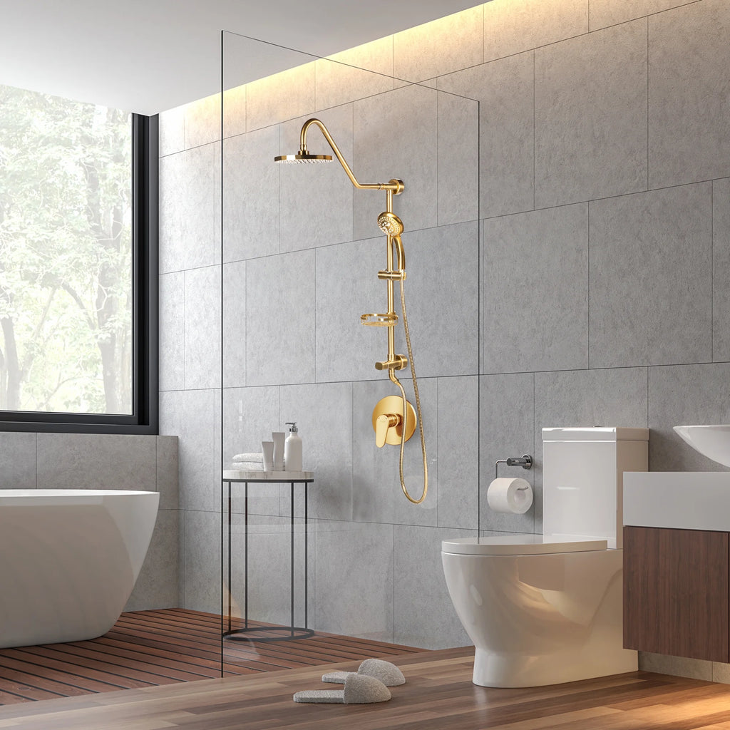 Kauai III Shower System with 8" Rain Showerhead, 5-Function Hand Shower, Adjustable Slide Bar and Soap Dish, Brushed Gold Finish V276
