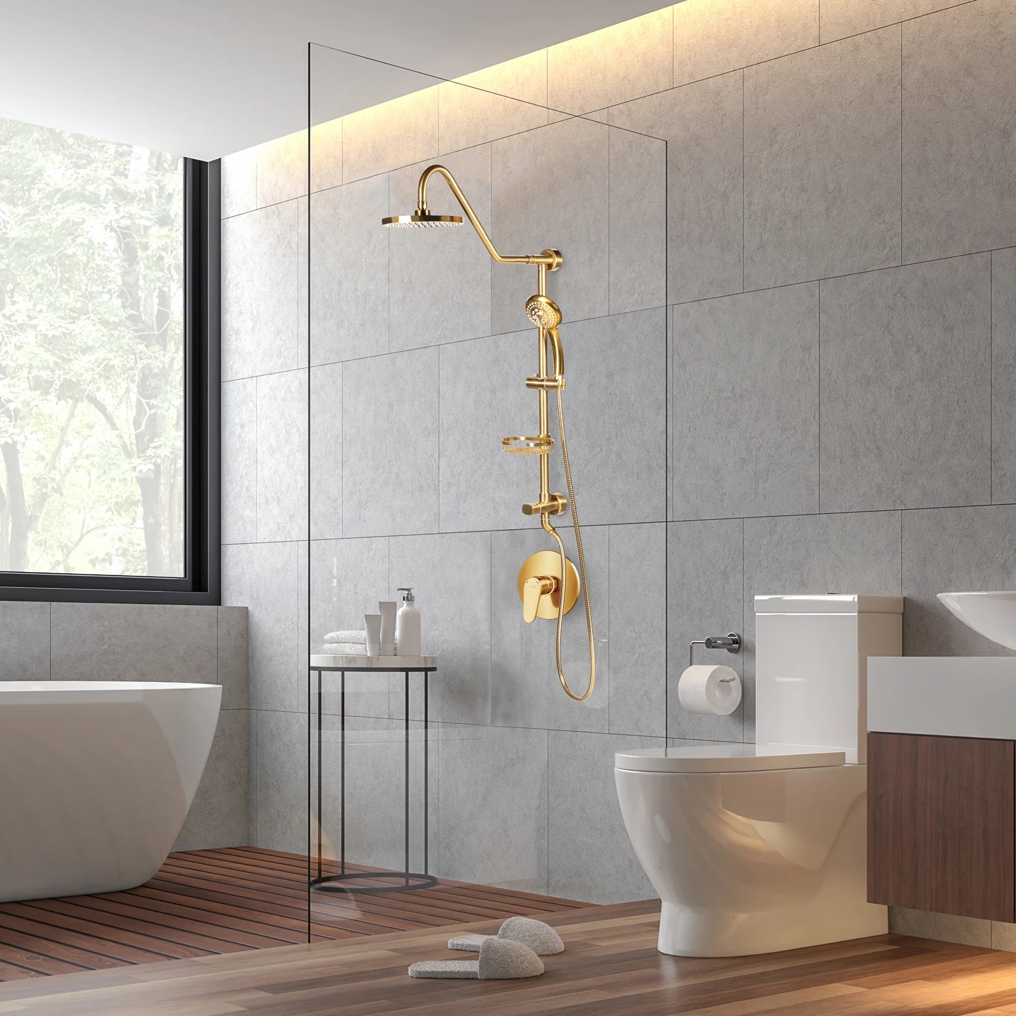Kauai III Shower System with 8" Rain Showerhead, 5-Function Hand Shower, Adjustable Slide Bar and Soap Dish, Brushed Gold Finish V276