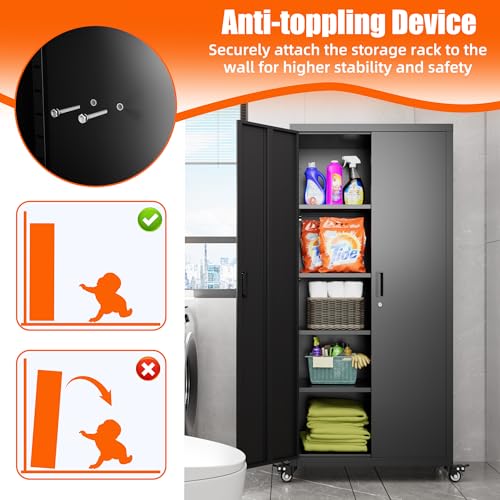 Metal Storage Cabinet with Wheels, 73" H, Locking Doors and Adjustable Shelves A1751