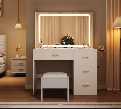 Vanity Desk Set with LED Mirror and Lights, Makeup Table with Drawers & Stool N790324