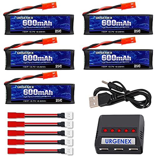 URGENEX 3.7v Lipo Battery 600mAh with JST Plug 1S Li-Po Battery with X5 Battery Charger for UDI U817 U817A V959 V222 V929 RC Drone Quadcopter 5PCS Aircraft Batteries