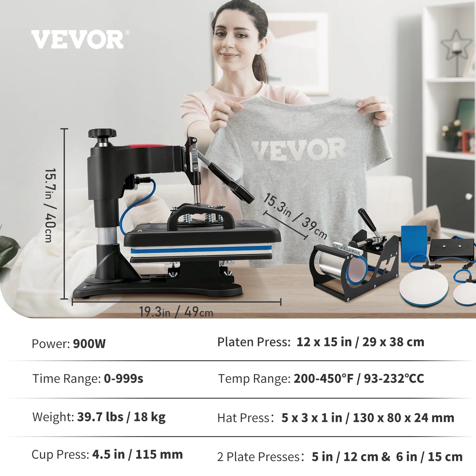 Heat Press Machine, 12x15 inch, 5-in-1 Clamshell Sublimation Transfer Printer E7998