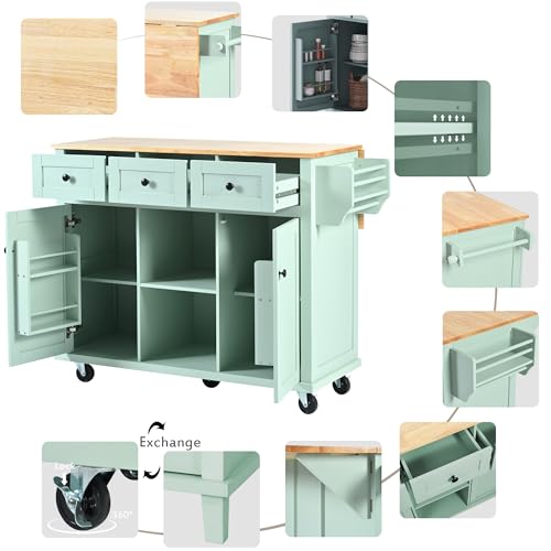 Large Kitchen Island with Drop Leaf, Rolling Cart, Power Outlet and Storage A3211
