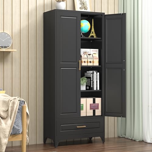 Tall Kitchen Storage Cabinet with Doors and Adjustable Shelves, Black Freestanding Cupboard J20442