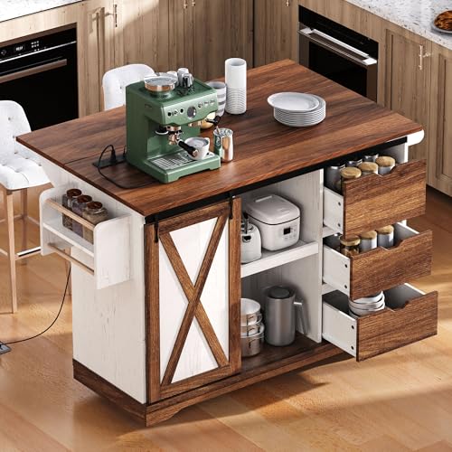 Farmhouse Kitchen Island with Drop Leaf, Barn Door and Power Outlet C3058