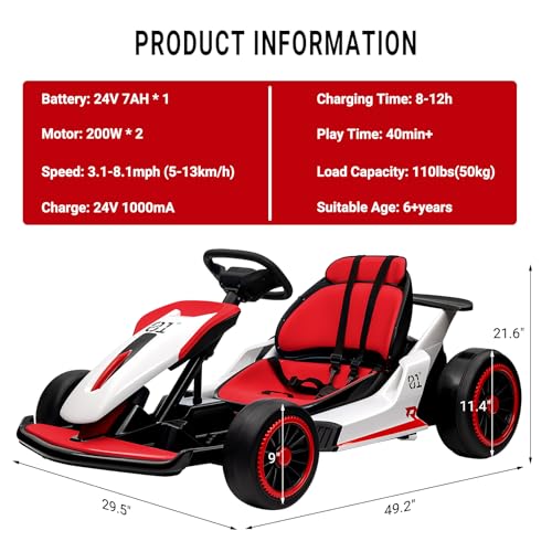 Kids Go Kart, 24V Electric Drift Car, 2-Speed Ride On Toy for Boys Girls 6+ V958