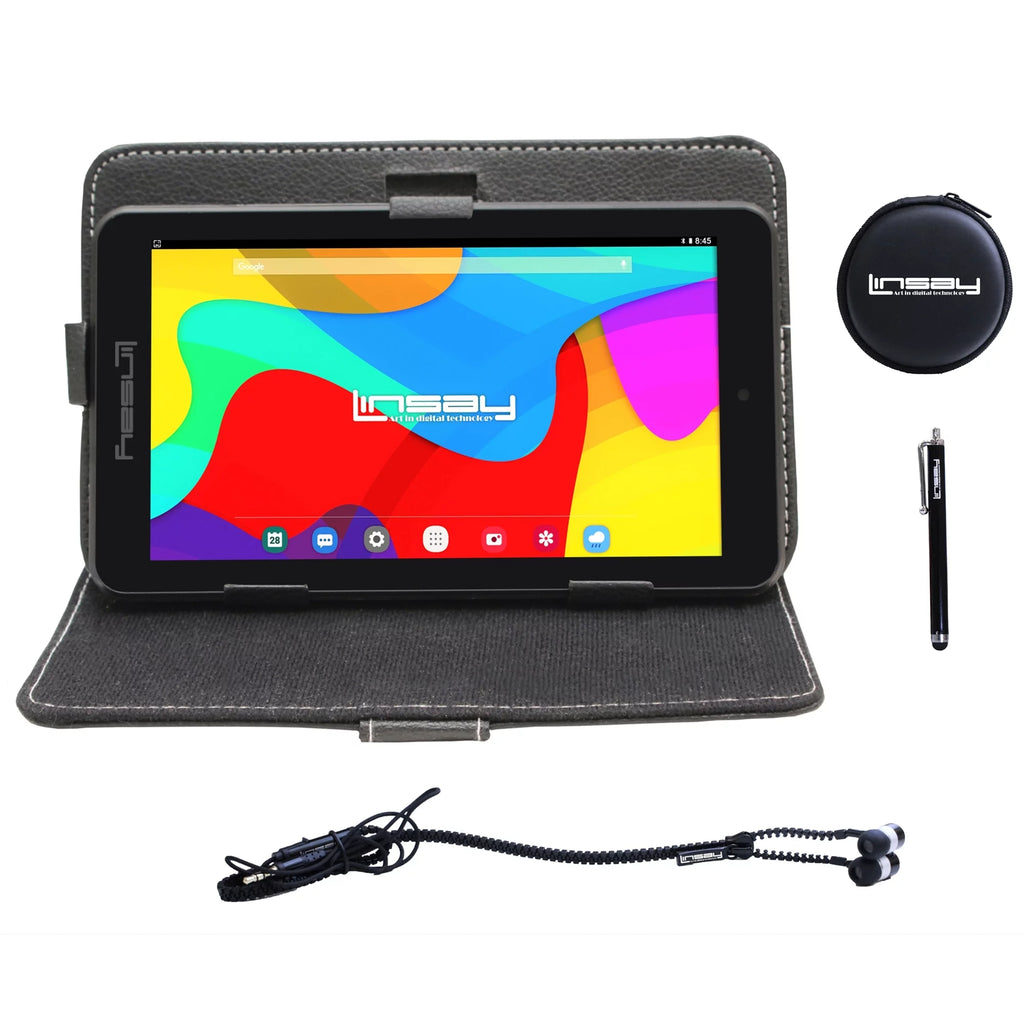 LINSAY 7" Quad Core 2GB RAM 32GB Android 12 Tablet with Black Case, Earphones and Pen Stylus