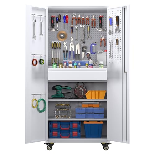 Metal Storage Cabinet with Wheels, 73" H, Locking Doors and Adjustable Shelves A1751