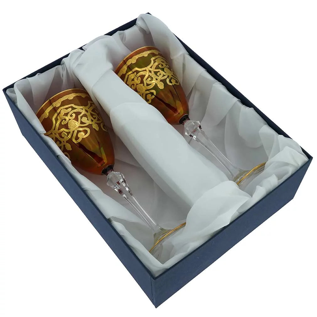 Set of Two Murano Glass Wine Glasses with 24K Gold Leaf J8271