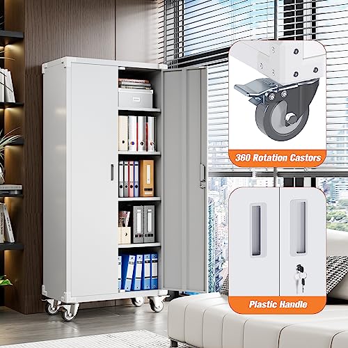 Garage Storage Cabinet with Wheels, 72" H, 2 Doors, 4 Adjustable Shelves, Black R4307