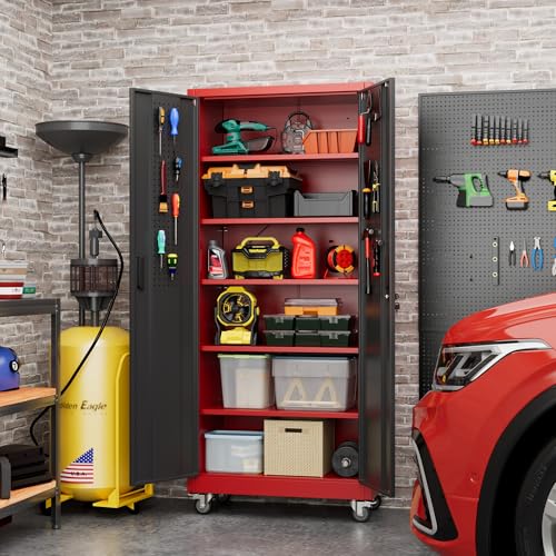 Metal Storage Cabinet with Wheels, 73" H, Locking Doors and Adjustable Shelves A1751