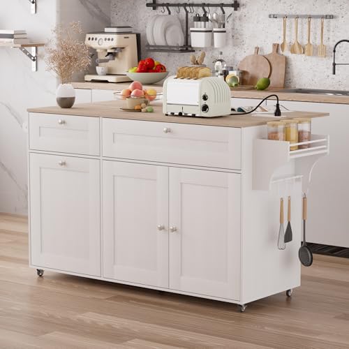Kitchen Island on Wheels with Storage, Drop Leaf and Power Outlet I19403